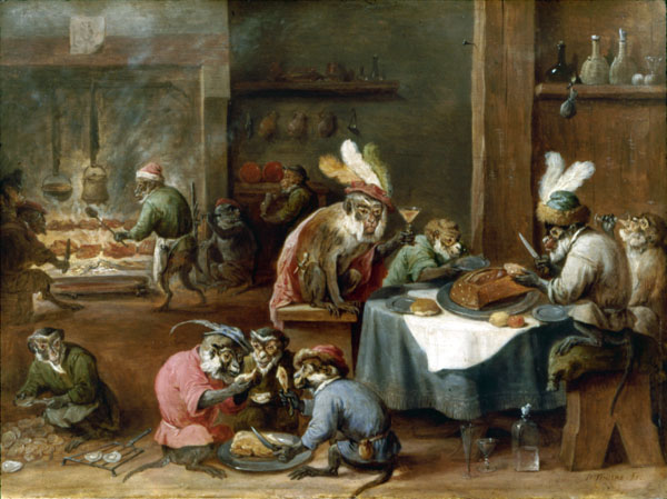 costumed apes having a meal